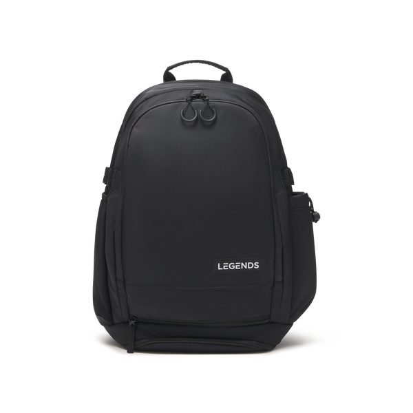 Black backpack with top handle, side pockets, and "Legends" text on front panel.