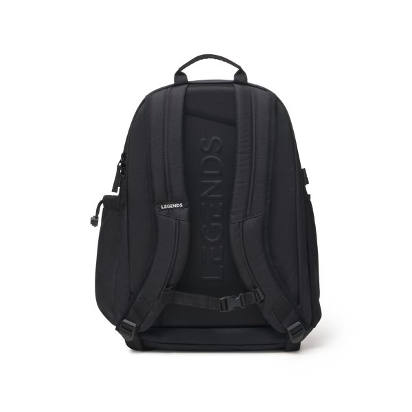 Black backpack with padded straps, side pockets, and chest strap viewed from the back.