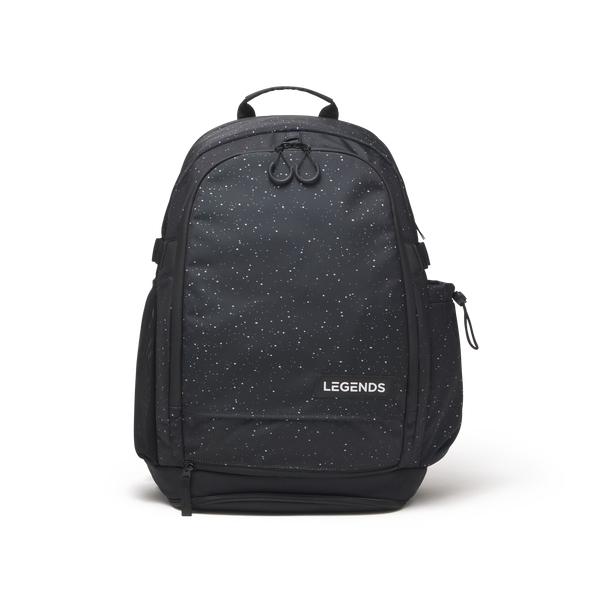Black backpack with white speckled splatter pattern, padded straps, front pockets, and "LEGENDS" text on main compartment.