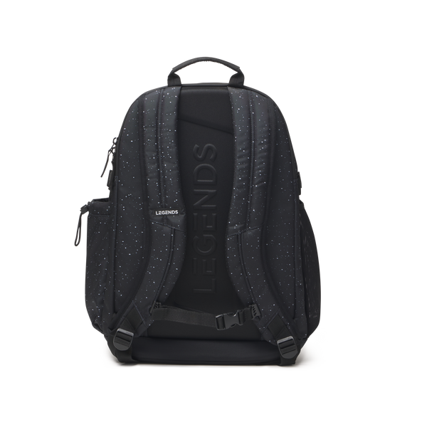 Black backpack with white speckled pattern, padded straps, side pockets, and "Legends" branding on back panel.