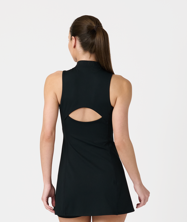 Black sleeveless dress with cutout detail at back and high neckline, shown from behind.