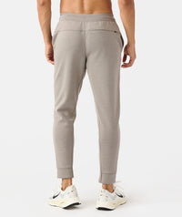 Taupe heather joggers with elastic waistband and cuffed ankles, shown from back view on male model.
