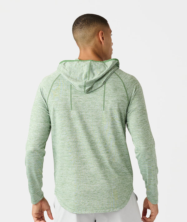 Elm heather hooded long-sleeve sweatshirt with raglan sleeves and drawstring hood, shown from back view on model.