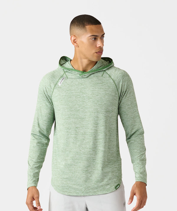 Elm heather long-sleeve hooded top with raglan sleeves and textured knit fabric.