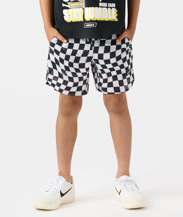 Black and white warped checkerboard mesh shorts with drawstring waist.