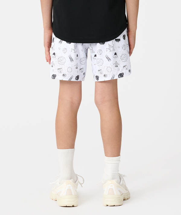 White shorts with black space-themed print featuring planets, stars, and rockets.