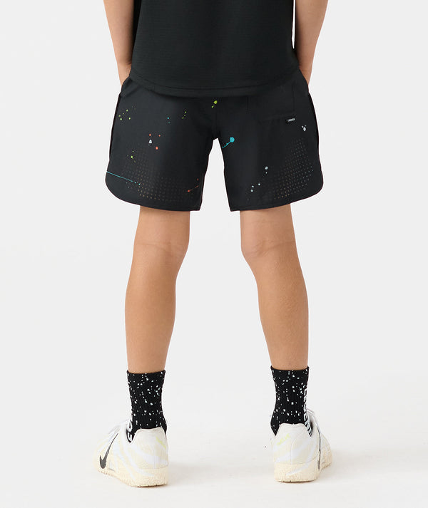 Black shorts with colorful space-themed graphic print and dotted texture panels on sides.