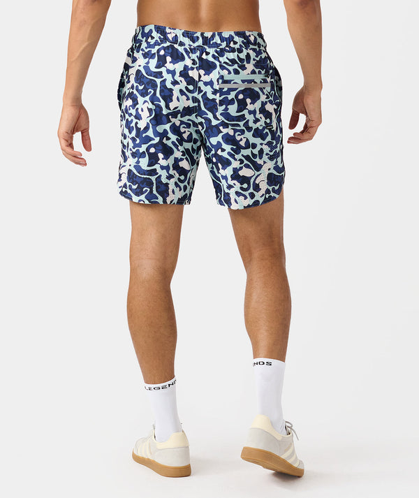 Men's shorts with navy, white, and light blue camouflage pattern and elastic waistband.
