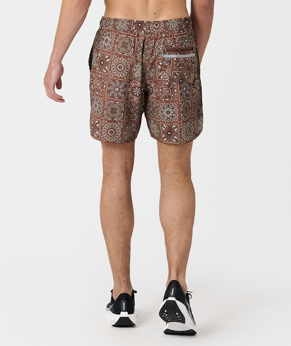 Men's copper shorts with paisley tile pattern and drawstring waistband.