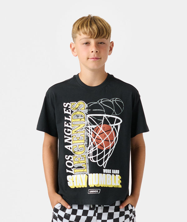 Black t-shirt with basketball hoop and "Los Angeles Legends" graphic in white and yellow text.