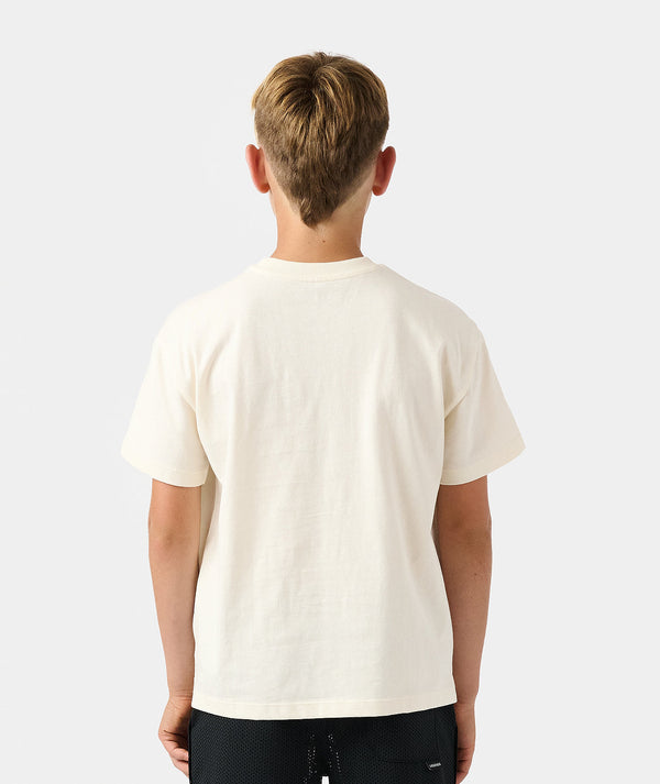 Child wearing natural white short-sleeve t-shirt, back view.