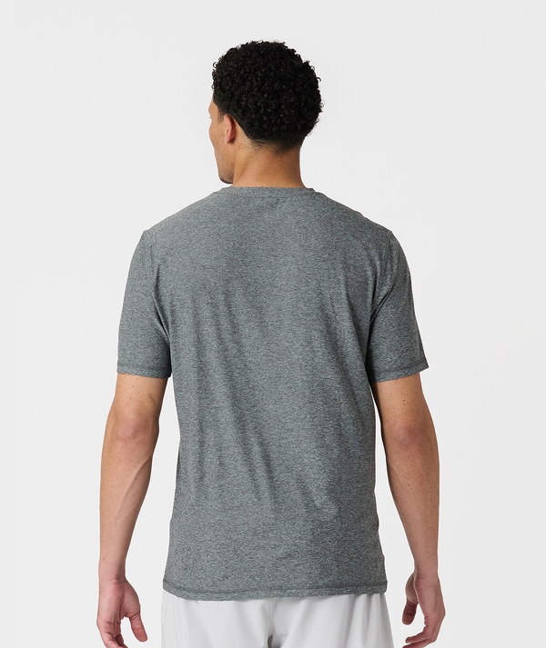 Charcoal gray heather crewneck t-shirt with short sleeves, shown from back view on model.