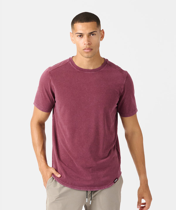 Washed fig short-sleeve t-shirt with curved hem and crew neckline on model.