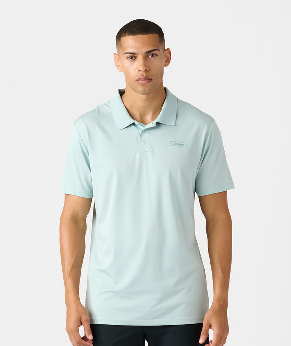 Light blue polo shirt with short sleeves, collar, and small chest logo on male model.