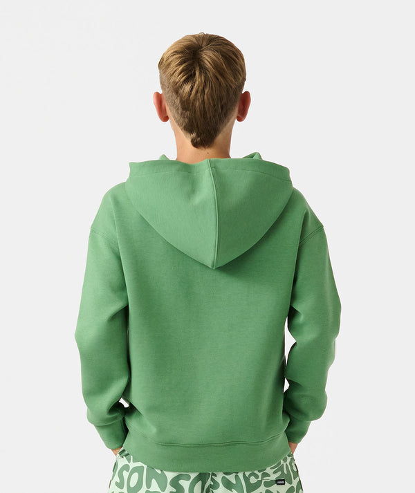 Child wearing elm green hoodie with hood, shown from back view.
