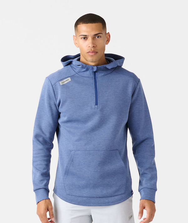 Men's slim-fit quarter zip hoodie in heather blue with kangaroo pocket and branded chest label.