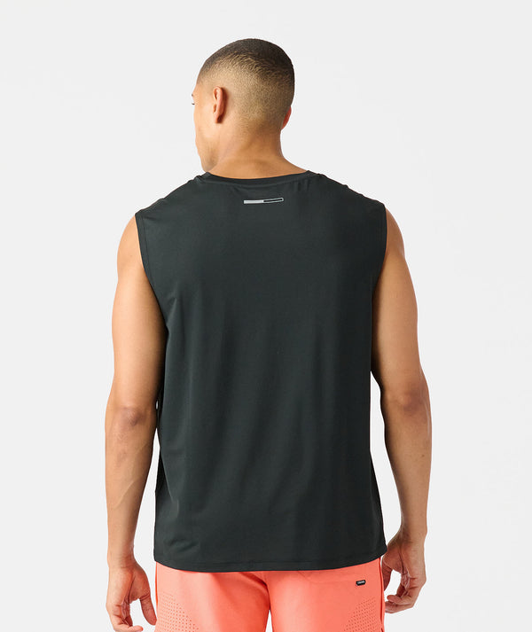 Black sleeveless tank top with small logo on back neckline, shown from rear view on model.