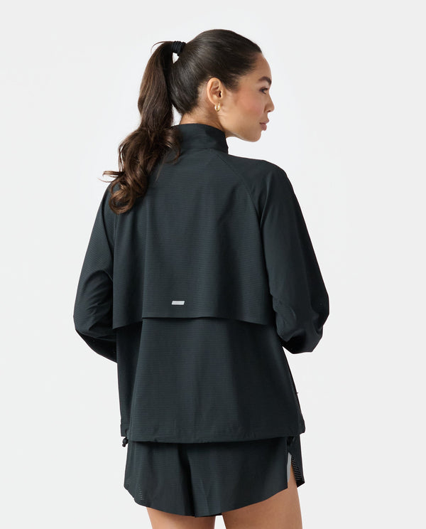 Black textured jacket with stand collar and layered design, shown from back on model.