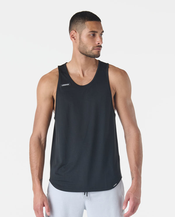 Black sleeveless tank top with crew neckline and small brand logo on chest.