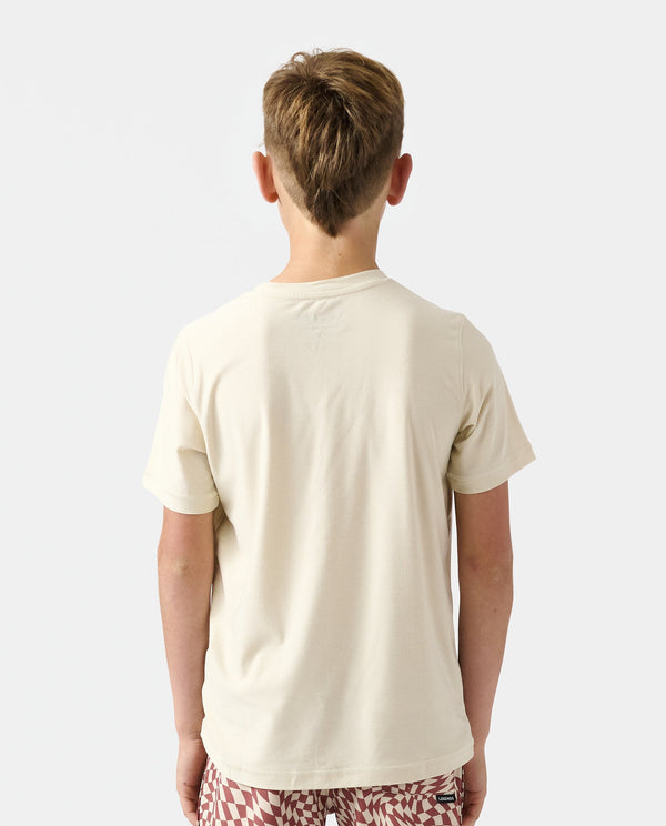 Child wearing a cream-colored short-sleeve t-shirt, shown from the back.