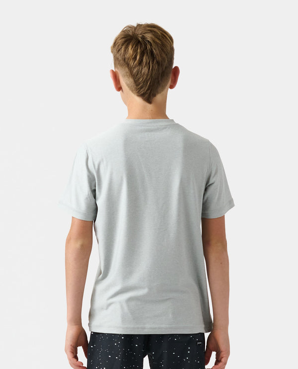 Child wearing a heather gray short-sleeve t-shirt, shown from the back.