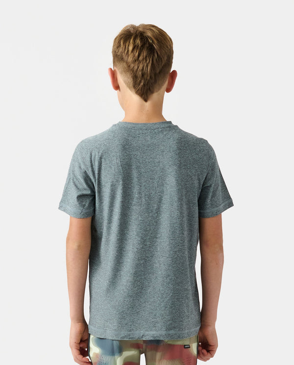 Child wearing slate heather gray short-sleeve t-shirt, back view.