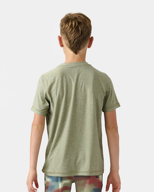 Child wearing thyme heather short-sleeve t-shirt, shown from back view.