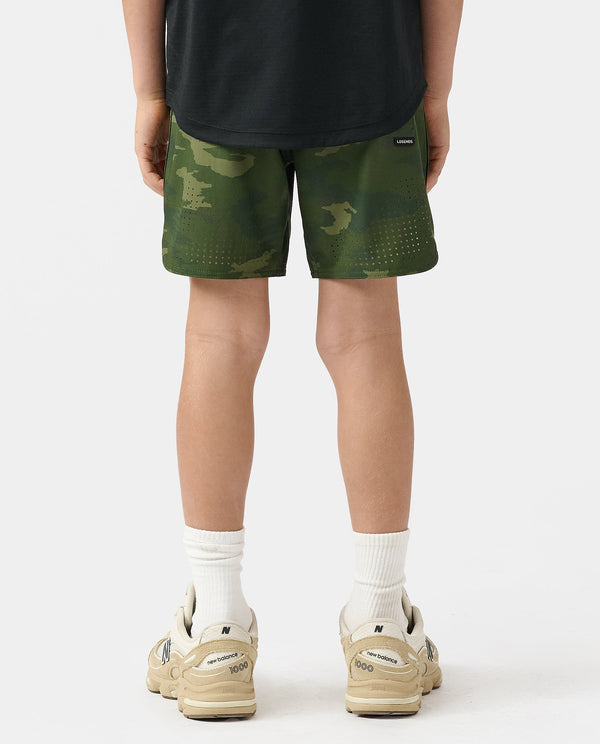 Green camo shorts with dotted pattern detail and small brand label on waistband.
